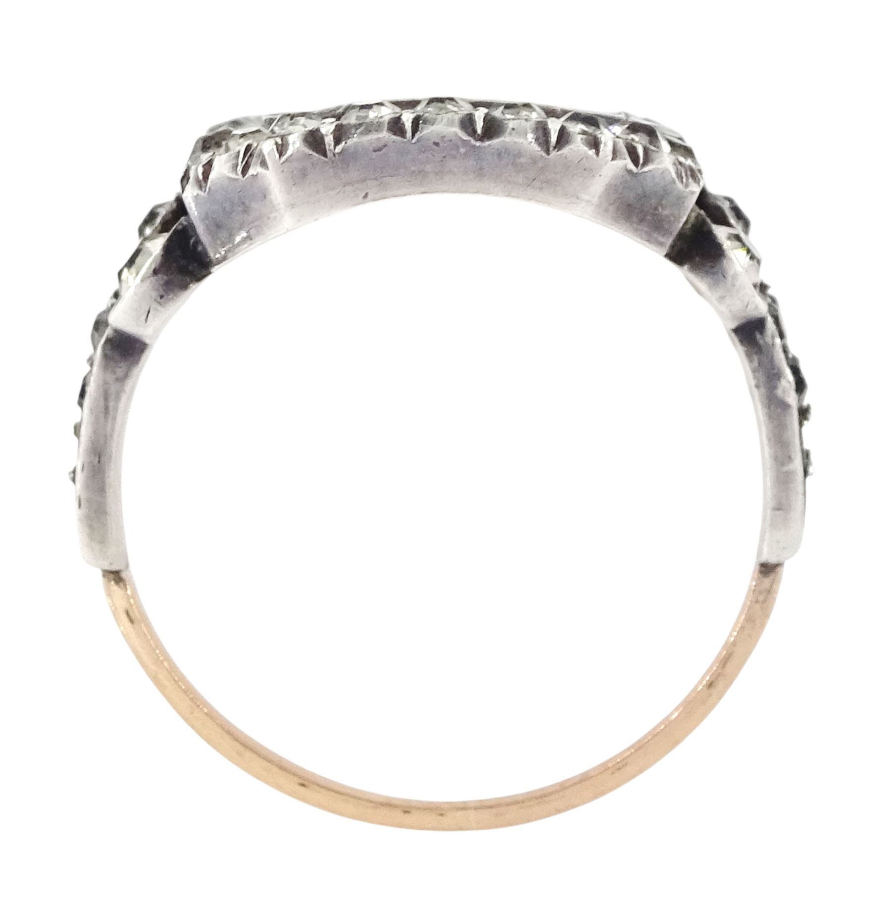 19th century 18ct gold and silver paste set portrait ring, octagonal miniature of a woman on ivory, under a glazed panel, with paste stone surround, to bifurcated paste set shoulders. This lot has been registered for sale under Section 10 of the APHA Ivory Act