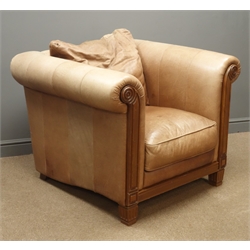  Armchair upholstered in leather, walnut scrolled and carved frame and supports, W105cm  