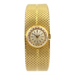Longines 18ct gold ladies manual wind wristwatch,  No. 12910840, cal. 320, hallmarked, on 18ct gold mesh bracelet, bracelet wristwatch, stamped 750, in original box