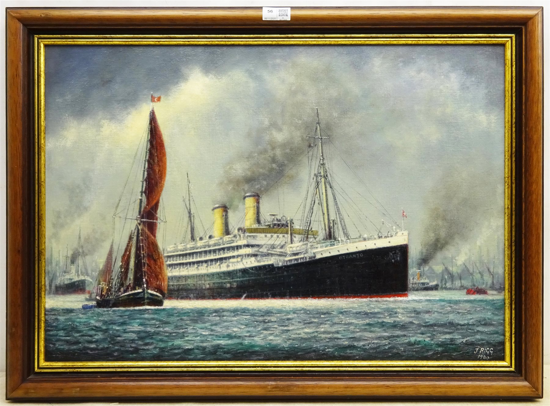 Jack Rigg (British 1927-): 'S S Otranto on the Thames', oil on board signed and dated 1988, signed and inscribed verso 45cm x 65cm
Notes: the Otranto was an Orient Line steamer built in 1926, serving through WWII and later broken up in 1957 at Faslane on the Clyde

