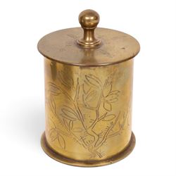 Three WWI trench art tobacco jars including an example with the lid embedded with silver rupees, largest H15cm 
