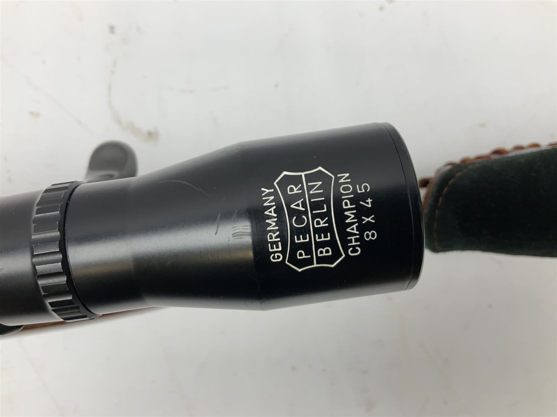 30-06 Steyr-Mannlicher Model M bolt-action rifle, the 61cm hammer forged barrel with side safety, double set trigger and lift-out rotary magazine, walnut stock with chequered pistol grip and fore-end and additional soft leather cheek piece, Pecar Berlin Champion 8 x 45 telescopic sight with quick release mounts, serial no.204791 L111cm FIREARMS CERTIFICATE REQUIRED OR RFD