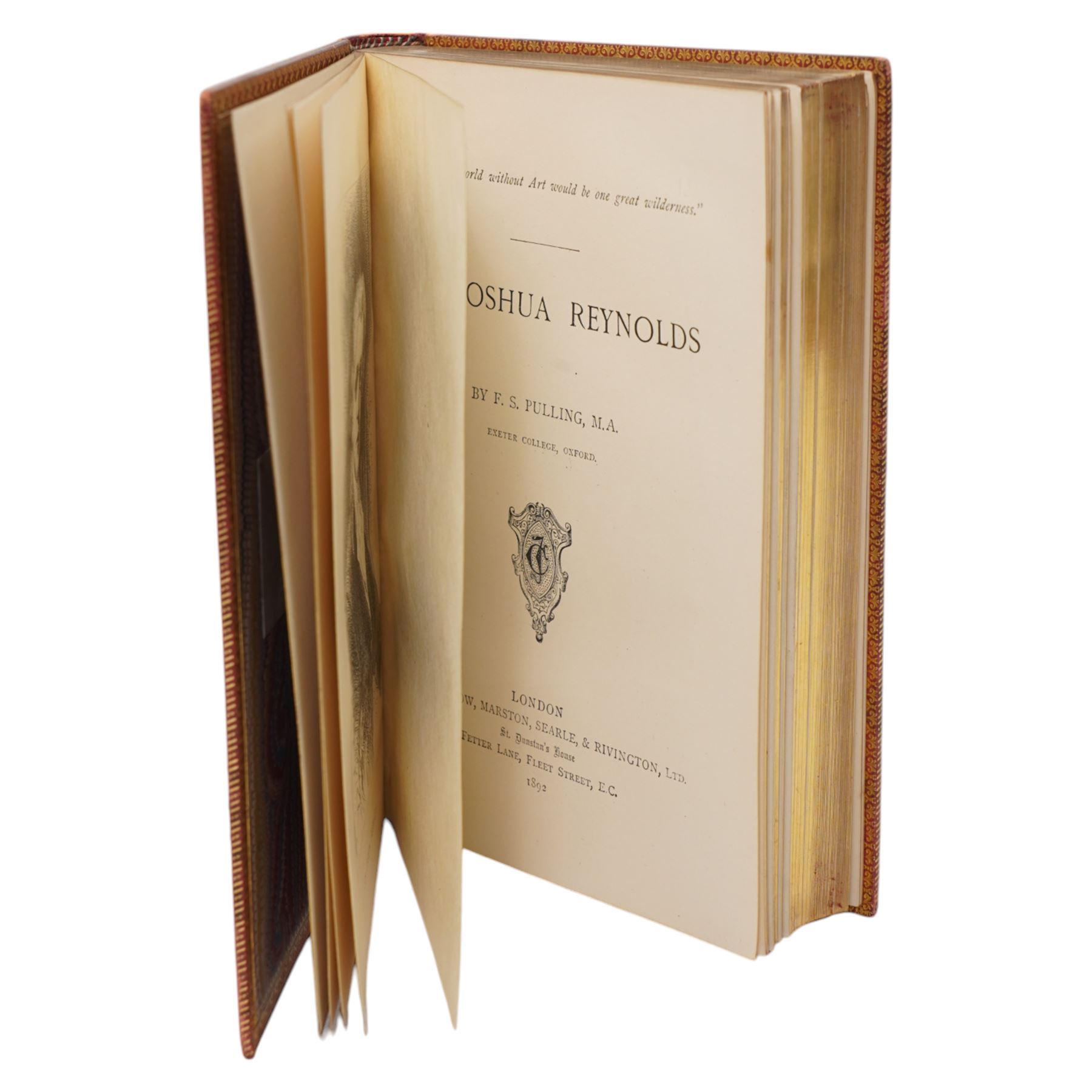 Pulling, F.S. - 'Sir Joshua Reynolds,, published Sampson Low, 1892 and Brock-Arnold, George M. - 'Gainsborough' published Sampson Low 1889, bound together in one volume, full leather with marbled end papers, bookplate of Lionel Montagu, all edges gilt, Ruskin, John - 'The Stones of Venice', volumes 1 & 2 of 3, published by G Allen, 1881 2nd edition, leather and marbled boards, Ruskin, John 'The Stones of Venice' published by G Allen 1893, 1st edition with green boards and Ruskin, John - 'Sesame and Lilies' published G Allen 1895 in soft leather, 'The Essays or counsels Civil and Moral', Routledge 1883 in half leather boards. 'Selections from speeches and writings of Edmund Burke' circa 1890, Tupper, A F 'Proverbial Philosophy' 1838, embossed and gilt leather, all edges gilt and Lord Macauley 'Historical Essays' 1923 