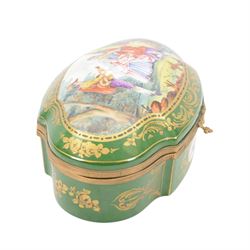 French bombee casket, Sevres style, painted with floral sprays inside gilt frames on a a green ground the cover decorated with a courting couple, signed Poirson, H18cm