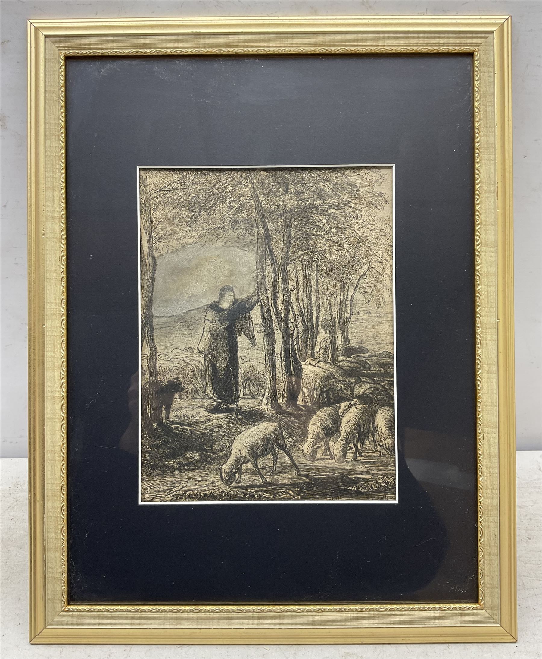 Jean-François Millet (French 1814-1875): Shepherdess and Her Flock in the Shade of Trees, etching c.1854/55 signed in the plate 24cm x 18.5cm
Provenance: private collection, purchased David Duggleby Ltd 18th June 2021 Lot 170