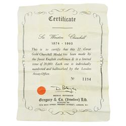 22ct gold Winston Churchill medallion, London 1965, boxed with certificate
