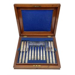 Victorian silver plated dessert set by Elkington & Co for twelve place settings, each reeded handle with vacant cartouche, each with Elkington & Co mark, date letter for 1861, and registration lozenge, contained within a mahogany case with vacant brass cartouche to the hinged cover, opening to reveal a Royal blue baize lined interior with removable tray, case H6cm W29.5cm D26.5cm