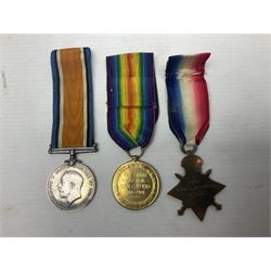 WW1 group of three medals comprising British War Medal, 1914-15 Star and Victory Medal awarded to 61813 Bmbr. E. Robbins R.F.A./R.A.; with ribbons