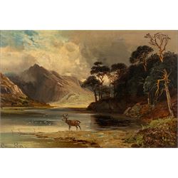 Clarence Henry Roe (British 1850-1909): Stag by a Highland Loch, oil on canvas signed 29cm x 44cm