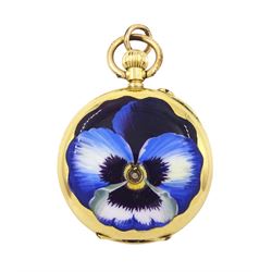 Early 20th century 18ct gold open face keyless lever ladies fob watch, white enamel dial with Roman numeral hour markers and subsidiary seconds dial, the back case decorated with an enamelled blue pansy set with a single rose cut diamond, stamped 18k with Helvetia hallmark