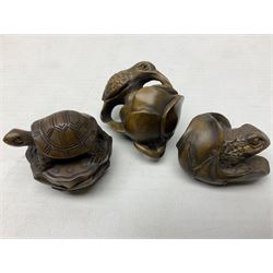 Six netsuke, modelled as a lizard, cricket, frog, bird on a flower, turtle and insect