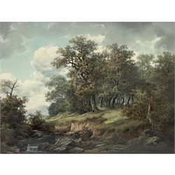 R S Wolringer (Continental 20th century): Woodland and Riverside landscape, oil on canvas signed 59cm x 79cm