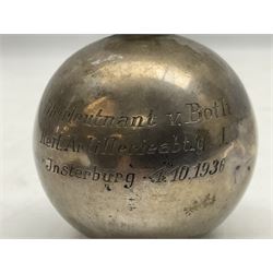 Pre-WW2 German presentation silver mess cigar lighter in the form of a flaming globular grenade with flambe finial inscribed 'Oberleutnant v.Both Reit. Artillerieabtlg. 1 Jnsterburg 1.10.1936' and 'R1' verso; marked 'Moon Crown 835 D. Gadebusch' H10cm