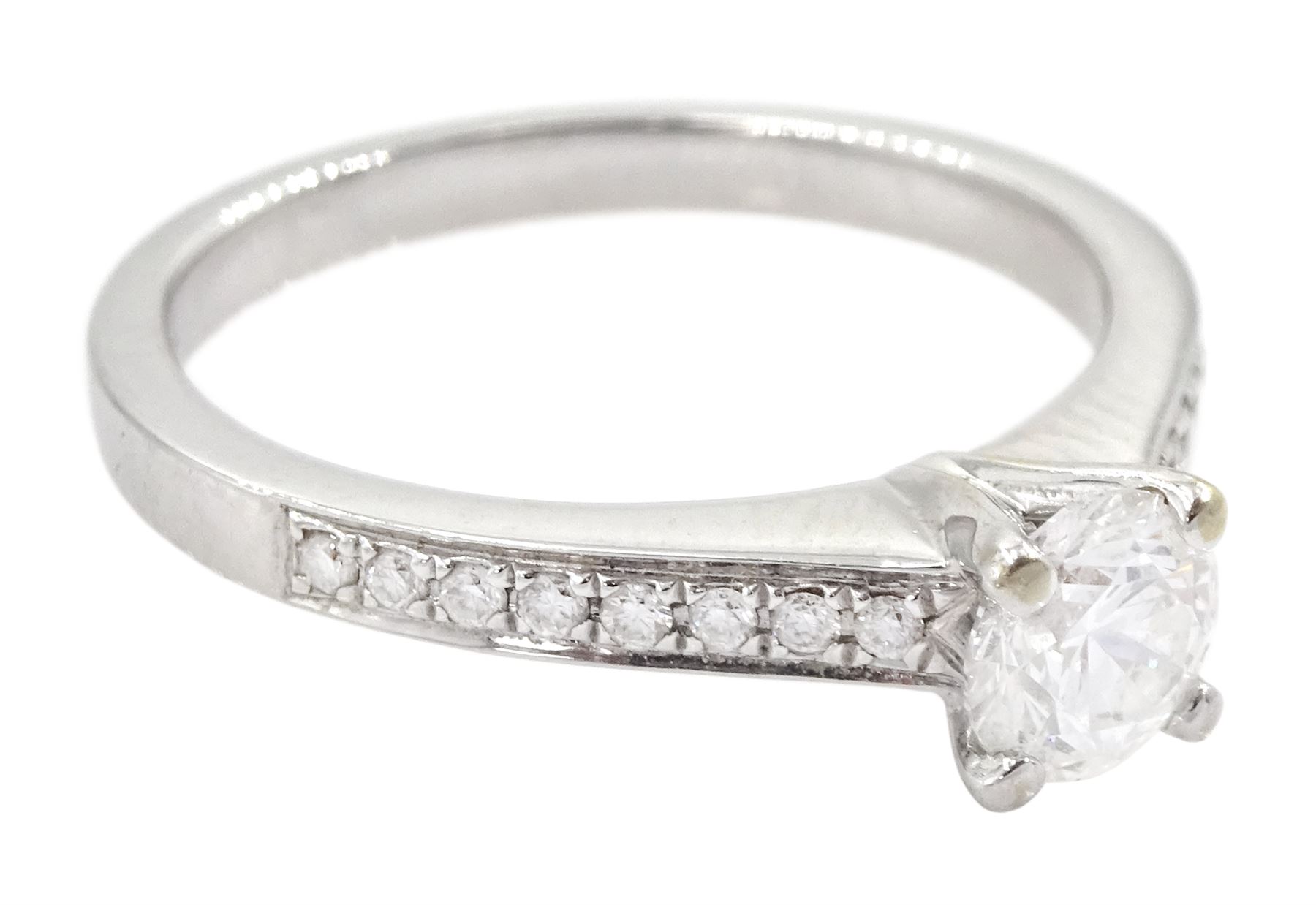 18ct white gold single stone round brilliant cut diamond ring, with diamond set shoulders, stamped 750, principal diamond 0.53 carat, diamond colour D, clarity VVS2, with GIA report