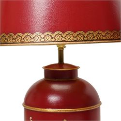 Pair of late 20th century tole peinte tea canister electric table lamps decorated with the royal coat of arms on a red ground and with metal shades H72cm