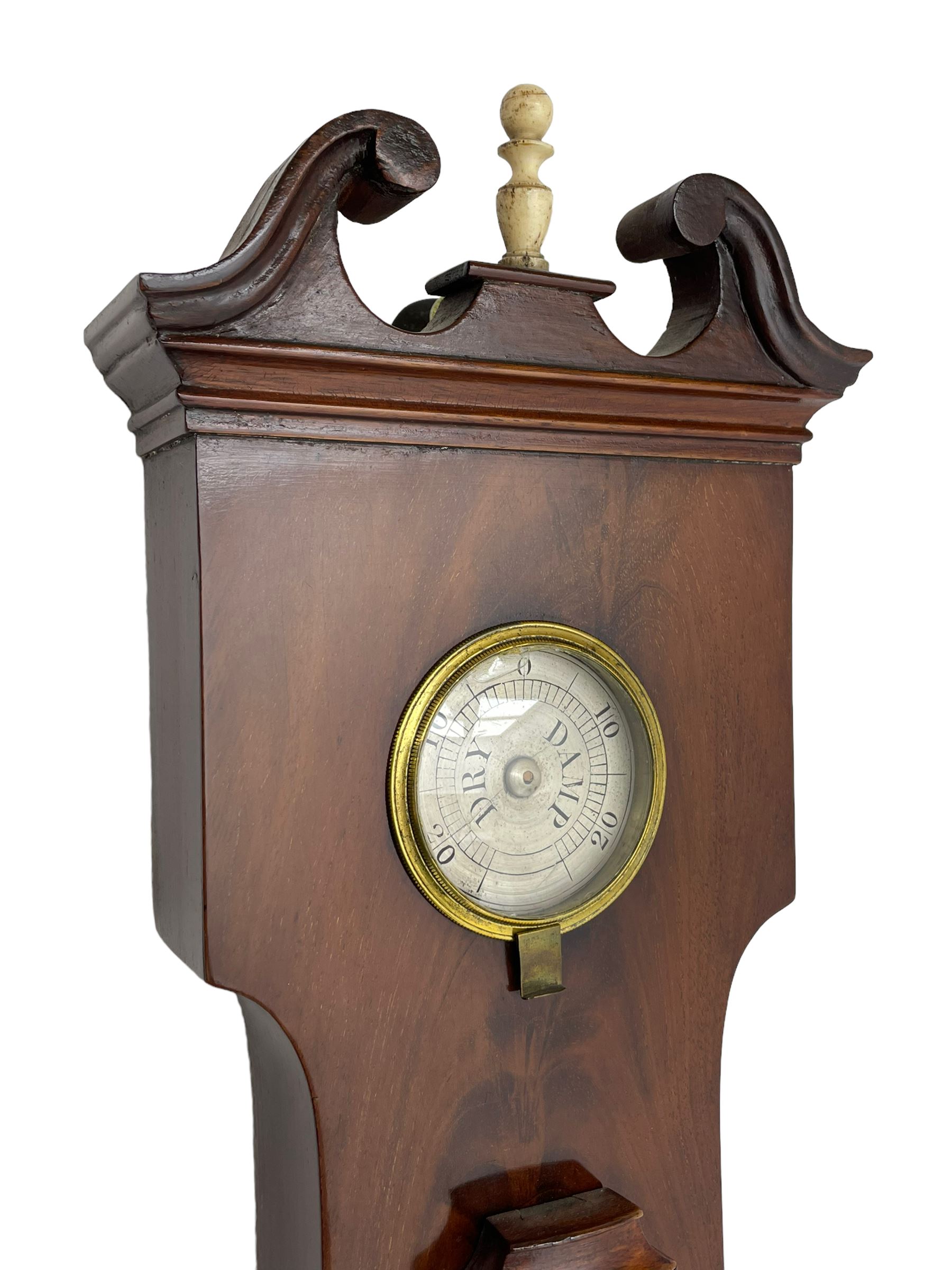 D Luvate of Preston - early Victorian mahogany mercury wheel barometer c1840, with a swan’s neck pediment and cavetto moulded square base, 8-inch silvered register calibrated in inches with a decorative star engraved centre, cast brass bezel and convex glass, with a steel indicating hand and brass recording hand, beneath a bowfronted Fahrenheit scale thermometer and hygrometer, rectangular spirit level signed D LUVATE, PRESTON.
Lacking recording hand button.
H109
Dominic Luvate is recorded as working as a barometer and looking glass maker in Friargate, Preston 1820-45
