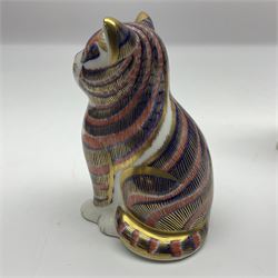 Three Royal Crown Derby paperweights, comprising of three cats, all with gold stoppers and printed mark beneath 