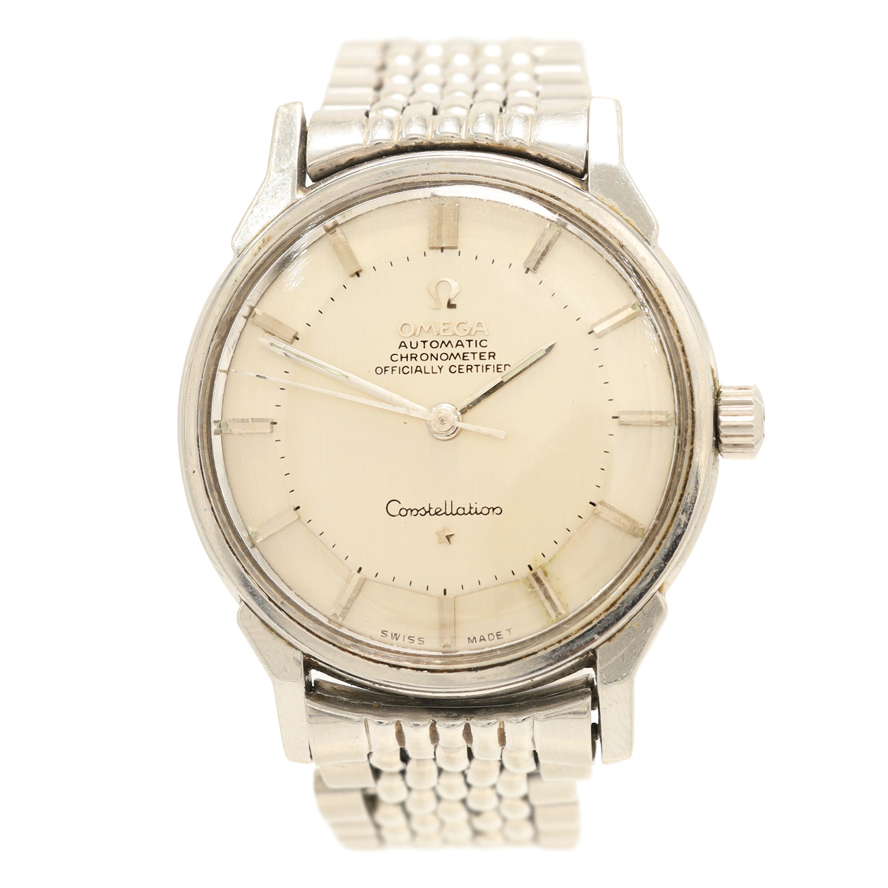 Omega Constellation gentleman's stainless steel automatic chronometer wristwatch, Cal. 551, Ref. 167.005, serial No. 21240417, silvered pie-pan dial with baton hour markers, on Omega stainless steel bracelet, with fold-over clasp