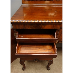  Early 20th century figured mahogany inverted break front sideboard with raised and carved back, gadroon carved detail, two cupboards with centre drawer, scroll carved cabriole legs with paw feet, W184, H158cm, D62cm  