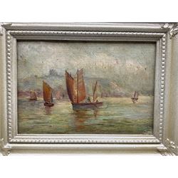 Attrib. Gertrude Hudson (British 1878-1958): Fishing Boats at Scarborough and the Beach, pair oils on board signed with initials GH, 12cm x 19cm (2) 
Notes: Hudson was a pupil of and model for Mark Senior, and the sister-in-law of Senior's daughter. She never took to painting full-time, hence why her art very rarely appears on the market, and making a firm attribution difficult.
