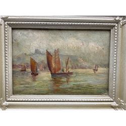 Attrib. Gertrude Hudson (British 1878-1958): Fishing Boats at Scarborough and the Beach, pair oils on board signed with initials GH, 12cm x 19cm (2) 
Notes: Hudson was a pupil of and model for Mark Senior, and the sister-in-law of Senior's daughter. She never took to painting full-time, hence why her art very rarely appears on the market, and making a firm attribution difficult.