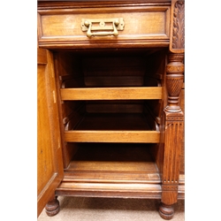  Edwardian oak sideboard, two drawers above two cupboards enclosing lead lined wine cooler and two sliding trays, turned supports, stamped and labelled 'Maple & Co', W124cm, H101cm, D64cm  
