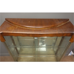  Art Deco walnut display cabinet, sliding glazed doors enclosing two shelves, cabriole feet, W105cm, H120cm, D34cm  