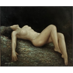Sun San (Contemporary): Reclining Nude, oil on canvas signed 49cm x 59cm