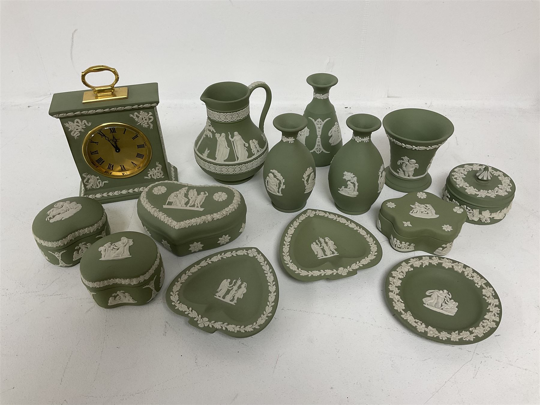 Group of Wedgwood sage green Jasperware, to include jug, vases, lidded boxes, dishes etc