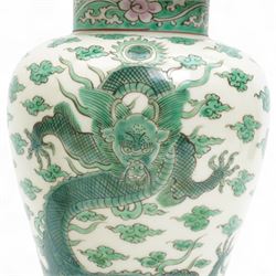 Pair of Chinese 20th century famille verte vases and covers, decorated with dragons among flaming pearls, H32cm (2)