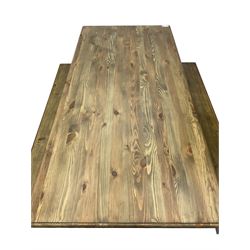 Pine kitchen dining table, rectangular moulded top on painted base, square tapering supports (180cm x 85cm, H78cm); and two matching benches 