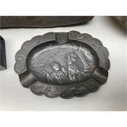 Brass sunfish ashtray, Chinese silver plated trinket box with mirror, bronzed matchbox cover and a collection of other Oriental bronzed embossed metal trays