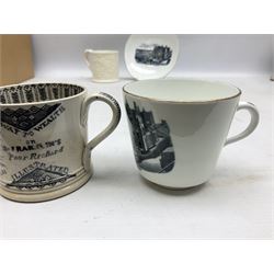 Victorian child's Temperance movement black printed mug, reading ‘Lessons for Youth on Industry Temperance..' together with a transfer teacup and saucer of Whitby scene reading The New Saloon Whitby and moulded late 19th/ early 20th century mug