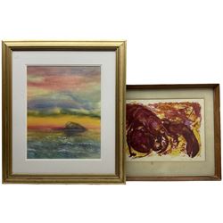 John Batey (Northern British Contemporary): Sunset beyond the Island, watercolour signed together with a James Hannigan 'Lobster' print, signed and numbered 4/13, max 49cm x 29cm (2) 