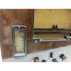 1930s Marconi model 296 valve radio, with Bakelite knobs and trim and 'M' over speaker fret, H40cm W46cm D27cm, together with 1930s Ferguson 702 valve radio with Bakelite knobs, H47cm