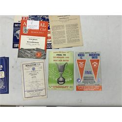 Football programmes - thirteen various England and England Youth matches 1953-77; European Cup Winners Cup Final May 19th 1965 TSV Munchen 1860 v West Ham; European Champions Club Cup Final May 29th 1968 Benfica (1) v Manchester United (4), the famous Bobby Charlton final; seven Wealdstone F.C. 1950-66 including London Senior Charity Cup Final May 10th 1952; Harrow Town Football Challenge Cup April 14th 1948; and eight F.A. Amateur Cup Finals and Semi-Finals plus three song sheets 1956-68 (34)
