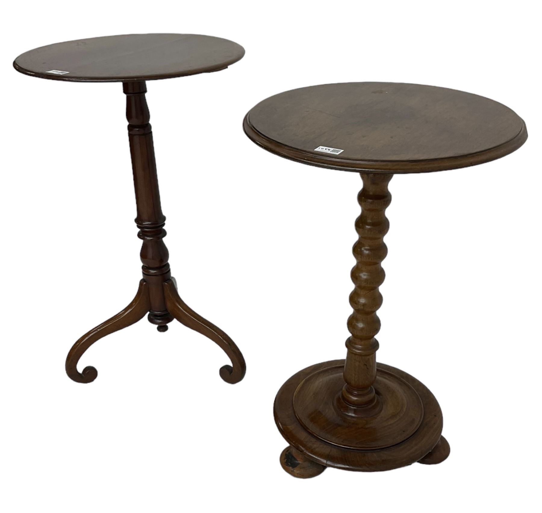 19th century walnut occasional table, circular moulded top on bobbin turned stem, circular moulded base on compressed feet (H70cm); 19th century walnut tripod table, circular table on turned stem, on splayed supported with scrolled terminals (H74cm)