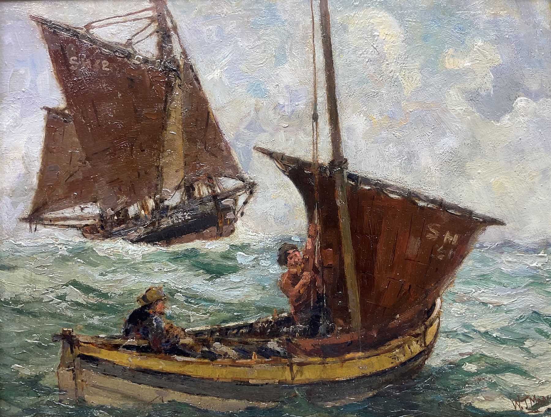 William J Mann (Scarborough early 20th century): 'A Fair Breeze' - Scarborough Yawl and Coble at Sea, oil on panel signed, titled and inscribed 'Newby' verso 33cm x 44cm 
Notes: Mann was a member of the Fylingdales Group of Artists and lived in Newby, Scarborough.