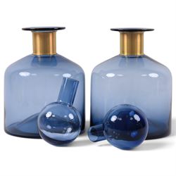Pair of blue glass  bottles, with gilt metal collars, H40cm