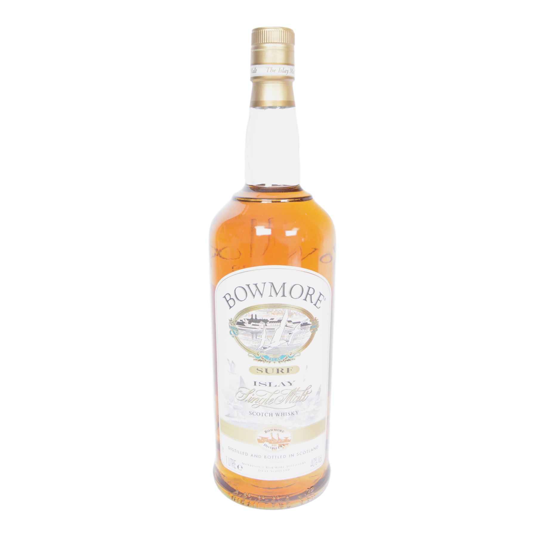 Bowmore Surf islay single malt scotch whisky, 1 litre, 40% vol together with  Auchentoshan Select lowland single malt scotch whisky, 1 liter, 40% vol Glenfiddich 15 year old single malt Scotch whisky 70cl 40% vol and Glenlivet 12 year old single malt scotch whisky, 1 liter 40% vol   