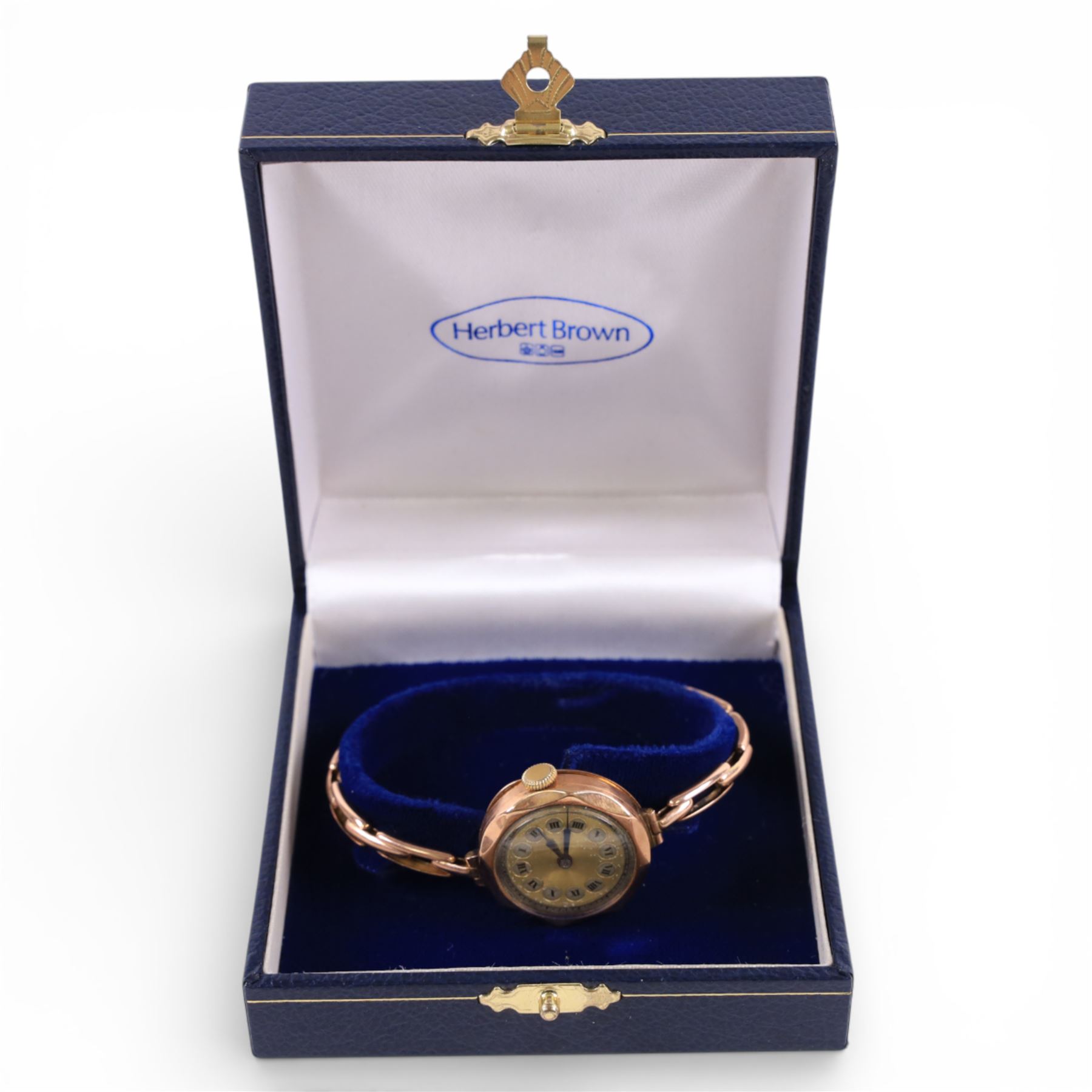 Early 20th century 9ct rose gold manual wind wristwatch, on expanding 9ct rose gold bracelet