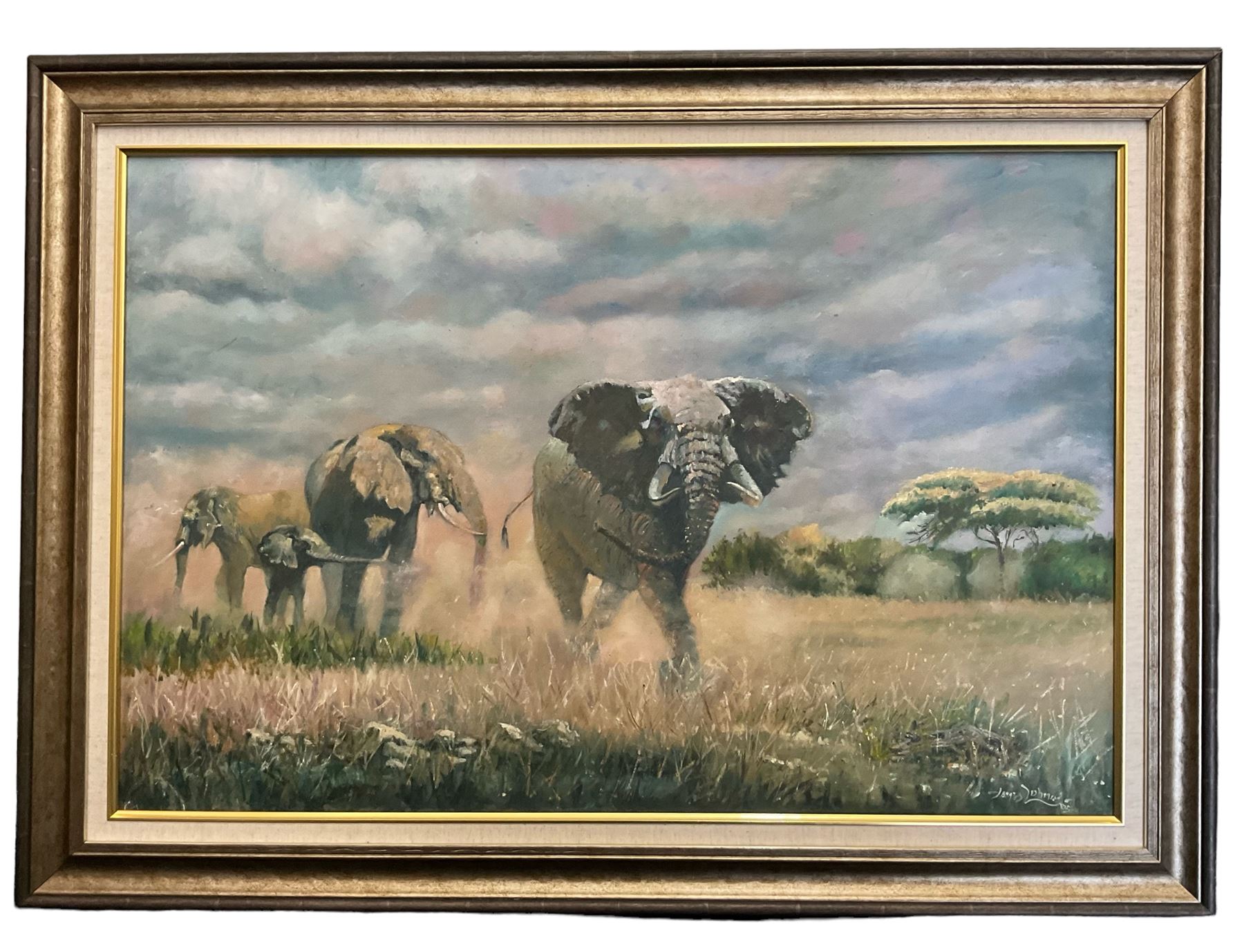 James Lishman (British 1931-2024): 'The Charge' Elephants, oil on board signed, titled verso 60cm x 90cm 