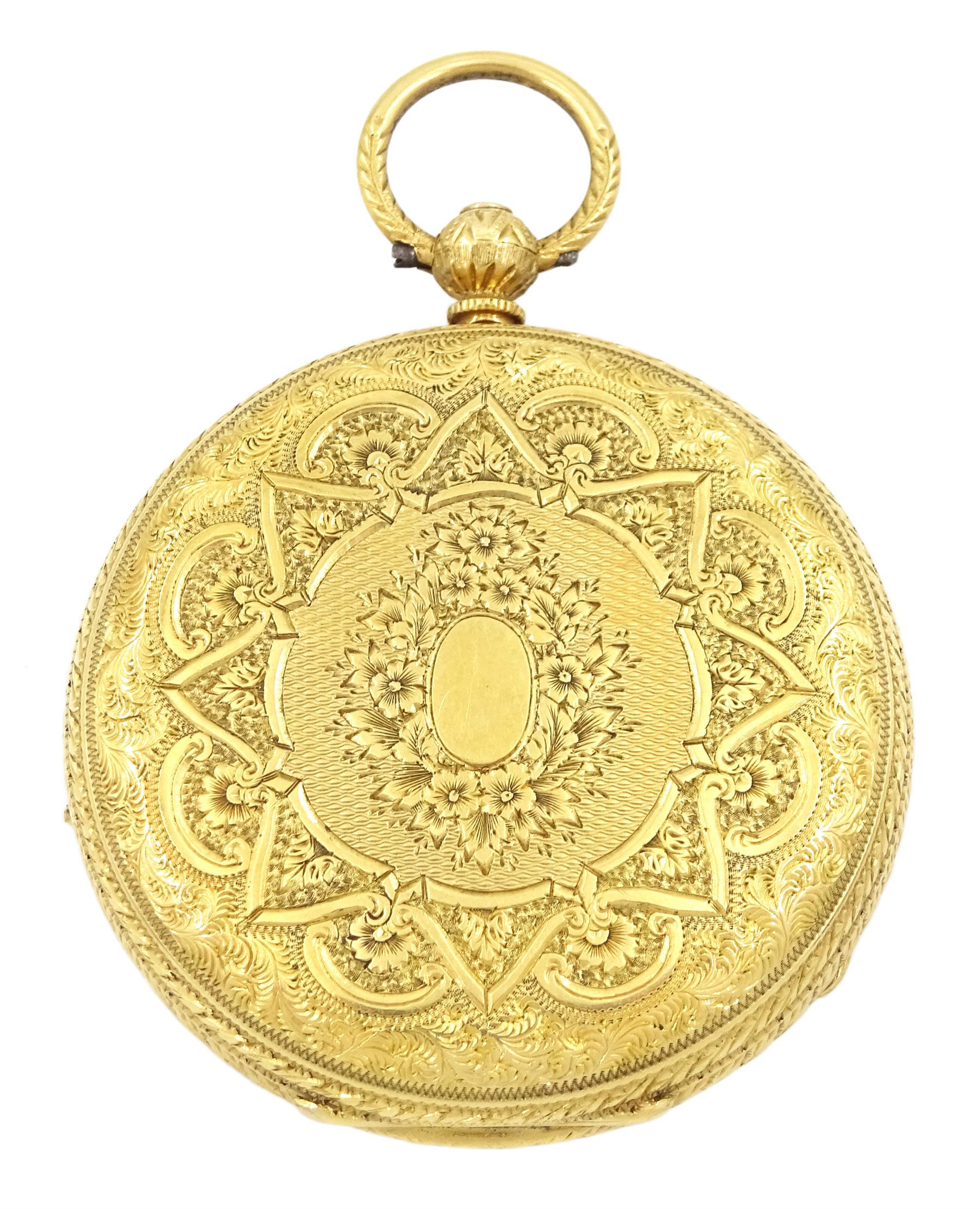 Victorian 18ct gold open face key wound fusee lever pocket watch by Rhodes & Son, Bradford, gilt dial with Roman numerals, case with engraved foliate decoration and cartouche, makers mark W K, London 1872, in fitted velvet and silk lined case