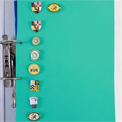Amateur rugby league enamel badge collection, teams including Birmingham Bulldogs, Bridlington, Dudley Hill, Duke of York, Edinburgh Eagles, Guiseley, Rangers, Huntingdon, Keighley Town, Leigh Miners, Pilkington Recs, St Josephs, Thornhill Trojans, West London Sharks etc, all displayed in three folders and six amateur league badges from Leeds & District, Hull & District, York & District, Warrington, Lancashire County and Yorks County in box display, (approximately 270)