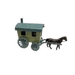 Selco Services gypsy caravan with horse, figure and steps; die-cast tandem combination; motorcycle with rider; die-cast girl-on-swing; and twelve various lead figures by Johilco etc