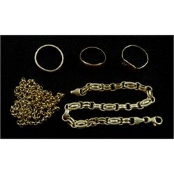 Gold link bracelet, two gold signet rings, stone set ring and a gold necklace, all 9ct hallmarked, stamped or tested