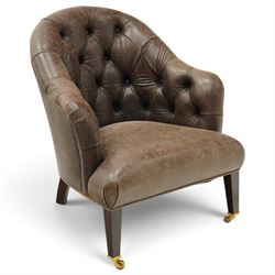 Georgian design tub-shaped club armchair, upholstered in back-buttoned dark tan leather wi...