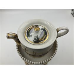 Two 19th century continental teapots and warmers, each teapot upon a cylindrical warming base, hand printed with seascapes, largest H22cm 