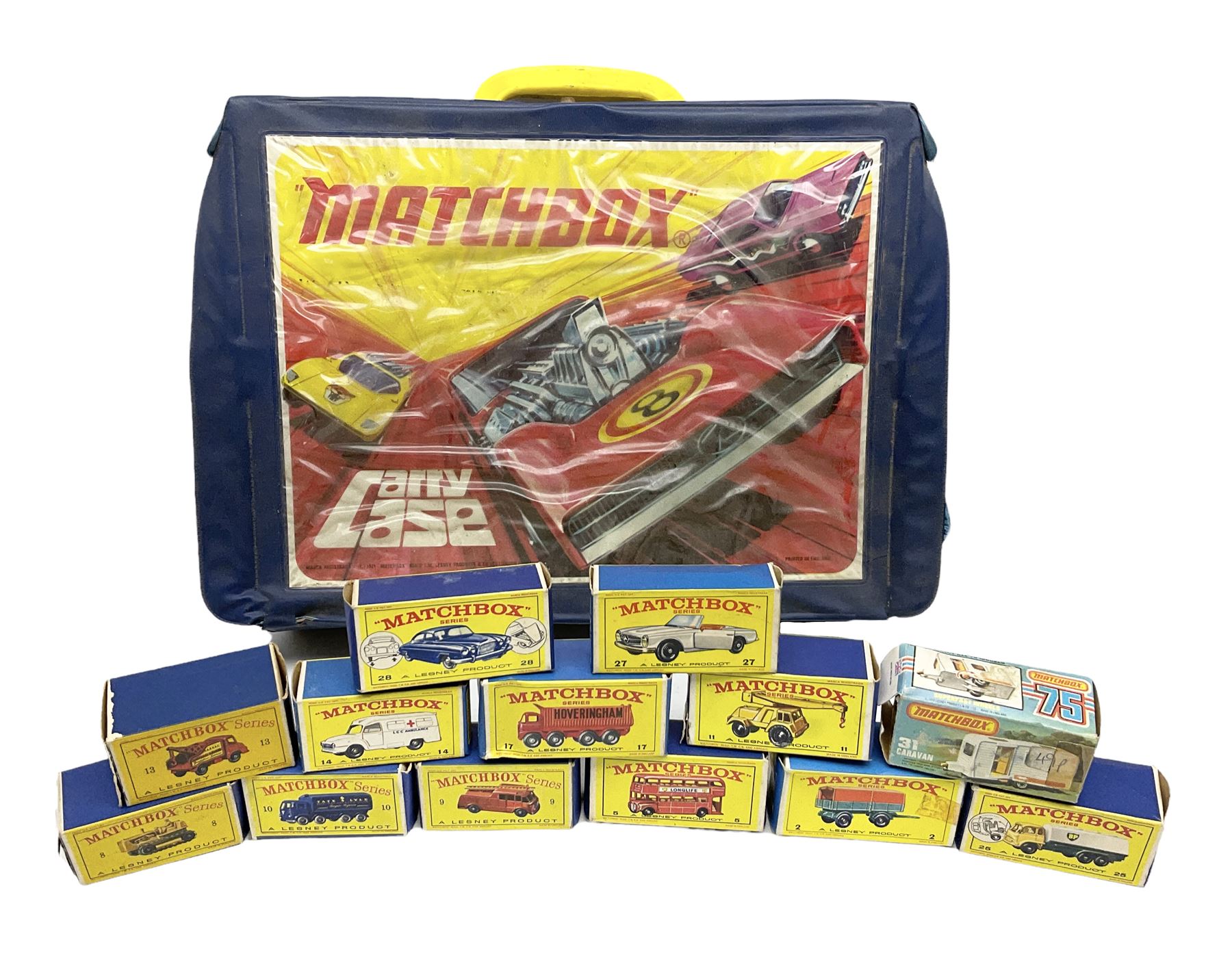 Matchbox 1-75 Series - Carry Case containing thirteen models comprising 2d, 5a, 8a, 9b, 10c, 11c, 13c, 14c, 17d, 25c, 27d, 28c and 31e (Superfast); all boxed
