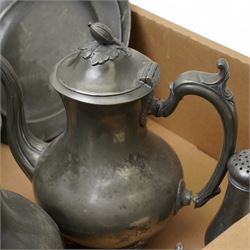 Victorian pewter coffee pot by James Dixon, three others, pewter sand shaker, teapot and two pewter plates